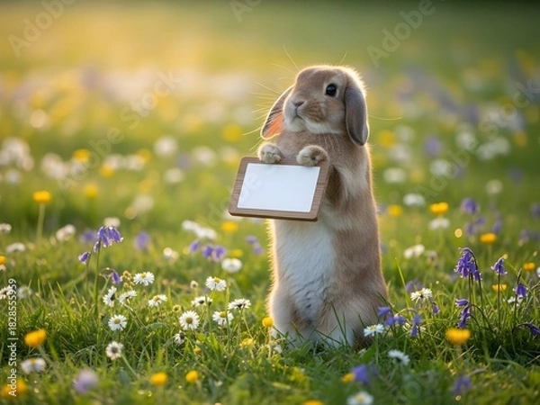 Fototapeta Bunny standing in a field of flowers holding a blank sign