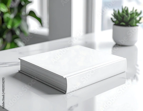 Fototapeta A white book sits on a table next to a potted plant. The book is empty and has a clean, minimalist appearance. The potted plant adds a touch of greenery and life to the scene