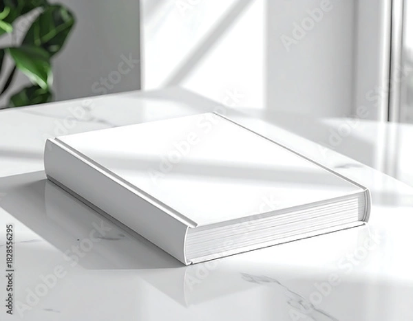 Fototapeta A white book sits on a table. The book is empty and has no writing on it. The table is made of marble and has a window behind it