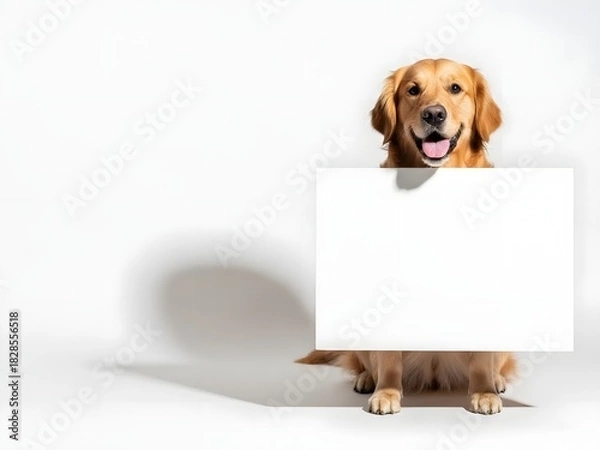 Fototapeta Golden retriever dog holding blank sign isolated on white background