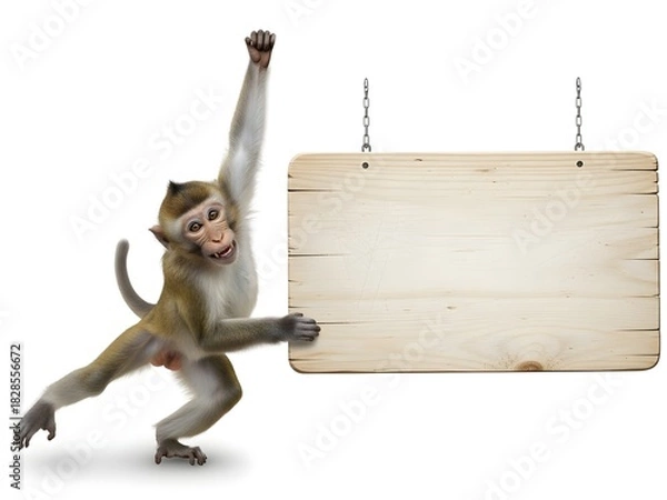 Fototapeta Monkey swinging with wooden sign ready for text on white background