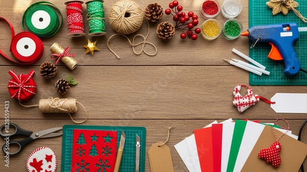 Fototapeta Diy christmas crafts flat lay with scissors, glue gun, ribbon, pine cones, glitter, and festive decorations on wooden table for holiday preparation.