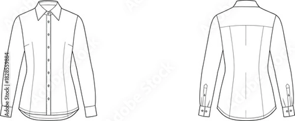 Fototapeta Women's button-up shirt technical flat sketch, front and back view, pointed collar, cuffed sleeves, curved hemline, tailored fit, fashion illustration, vector drawing