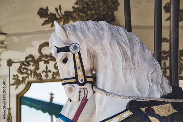 Obraz レトロな遊園地のメリーゴーランドの馬の表情が面白い