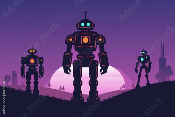 Fototapeta Beautiful Sci Robot Silhouettes Bold Neon High-Quality Stock Image