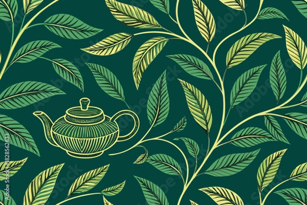 Obraz Elegant Tea Leaves And Teapot With Flowing Premium Digital Asset
