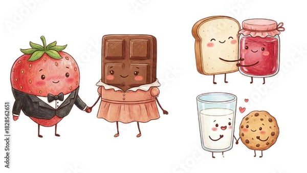 Obraz Cute Cartoon Characters of Strawberry, Chocolate, Bread, Jam, Milk, Cookie in Playful Scene