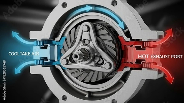 Fototapeta Crosssection view of a mechanical device showing airflow with cool intake and hot exhaust in a detailed engineering illustration