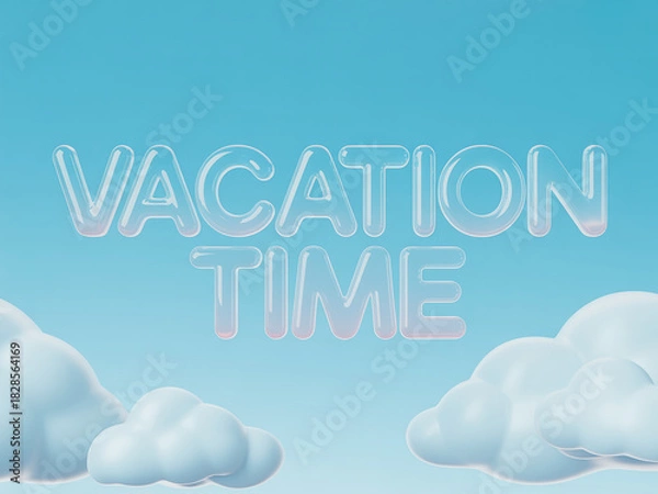 Fototapeta Dreamy vacation time message floating among fluffy clouds in a bright blue sky, perfect for travel promotions, vacation planning, and relaxation themes