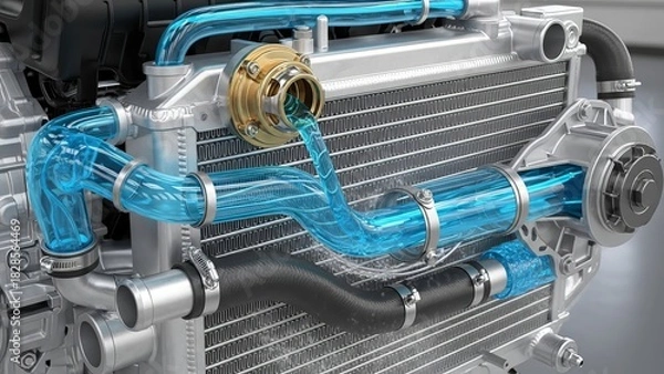Fototapeta Car engine cooling system showcasing coolant flow through radiator and hoses for automotive engineering and maintenance concepts explained visually