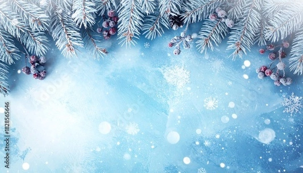 Obraz Festive Winter Wonderland background with A Snowy Scene with Delicate Fir Branches and Sparkling Snowflakes