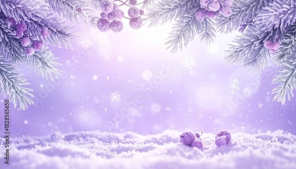 Obraz Winter holidays christmas background with snowy fir branches and berries with bokeh effect