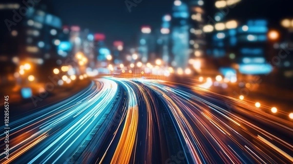 Obraz Abstract Light Trails Illustrating Project Management Concept, Faceless Business Professionals in Urban Environment, Bokeh City Lights