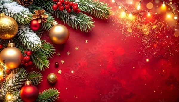 Obraz Christmas Decoration background with Golden Baubles and Red Berries on a Red Background