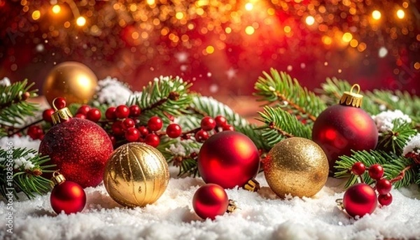 Obraz Beautiful Christmas ornaments background and pine branches dusted with snow, creating a festive and magical holiday scene illuminated by warm bokeh lights