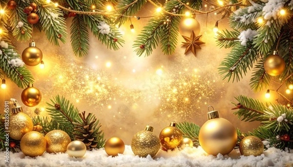 Obraz Festive golden Christmas background with sparkling fairy lights, elegant baubles, and snowy pine branches, evoking a warm and magical holiday spirit perfect for seasonal greetings and celebrations