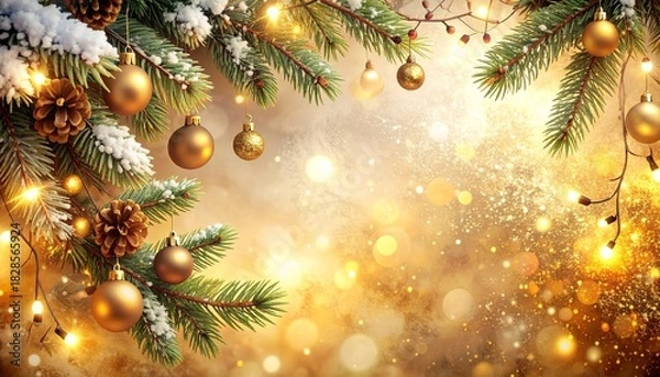 Obraz gold Warm and inviting Christmas background branches adorned with golden ornaments and sparkling lights, creating a festive holiday atmosphere