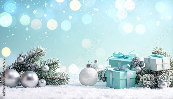 Obraz Elegant winter christmas holiday display with sparkling gift boxes, classic silver ornaments, and frosted fir branches nestled in soft snow against a magical bokeh light backdrop