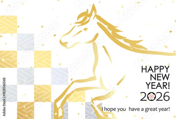 Obraz 2026年　日本の年賀素材　市松模様に馬
