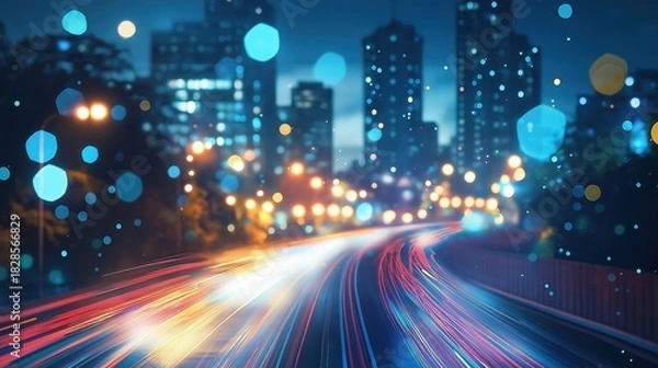 Obraz Abstract Light Trails Illustrating Project Management Concept, Faceless Business Professionals in Urban Environment, Bokeh City Lights