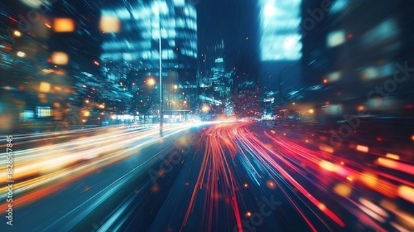 Obraz Abstract Light Trails Illustrating Project Management Concept, Faceless Business Professionals in Urban Environment, Bokeh City Lights