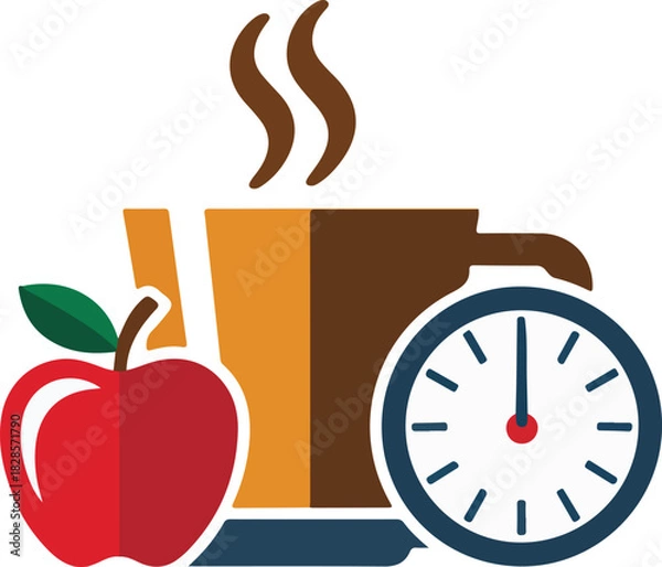 Obraz Vector graphic of a steaming brown cup a red apple and a clock face indicating a scheduled pause or break