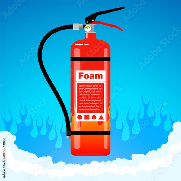Fototapeta Red fire extinguisher with foam for suppressing fire in buildings