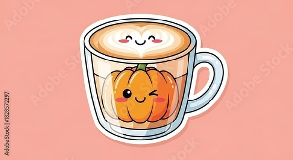 Fototapeta Cute pumpkin spice latte in a clear mug with a smiling face and heart shaped latte art on a pink background perfect for autumn designs