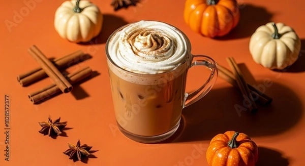 Fototapeta Iced pumpkin spice latte with whipped cream and cinnamon surrounded by pumpkins and spices on an orange background for a festive autumn treat