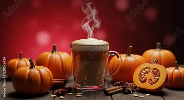 Fototapeta Steaming pumpkin spice latte surrounded by pumpkins cinnamon sticks and star anise on a wooden table against a red backdrop for fall vibes