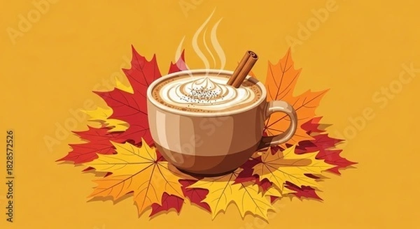 Fototapeta Cozy autumn scene with a pumpkin spice latte and colorful fall leaves creating a warm and inviting seasonal atmosphere for relaxation
