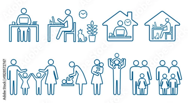 Fototapeta 人　家族　アイコン　ピクトグラム　線画イラストセット