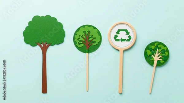 Fototapeta Set of green paper trees and recycling symbol on a light blue background, representing environmental conservation and sustainability efforts.