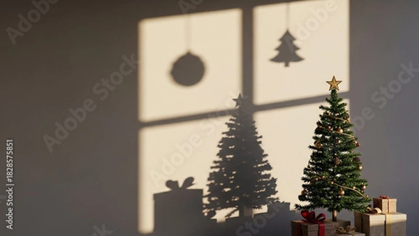 Fototapeta Festive christmas tree adorned with ornaments and star on top, casting shadows on wall with warm sunlight creating cozy holiday atmosphere.