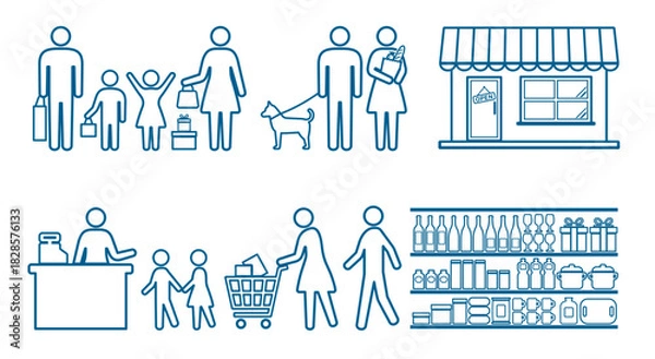 Fototapeta 人　家族　買い物　ピクトグラム　線画アイコンセット