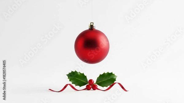 Fototapeta A single red christmas ornament hangs suspended above a festive holly sprig with red berries and a red ribbon on a clean white background