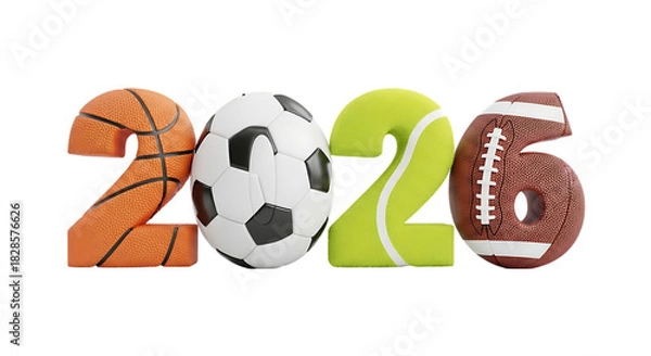 Fototapeta Happy new year 2026. png image. The year 2026 represented by sports balls isolated on transparent background.