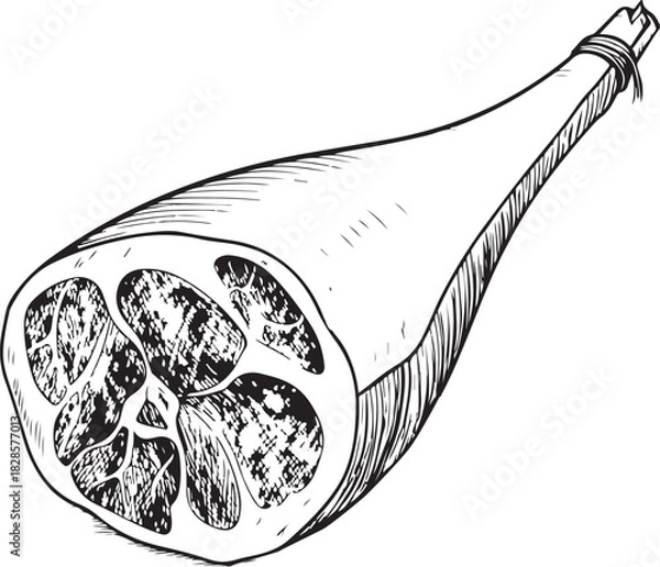 Obraz Jamón ibérico Hand-drawn Sketch Drawing Vector Illustration, Line Linear Symbol Engraving Coloring Book, Black and White Isolated