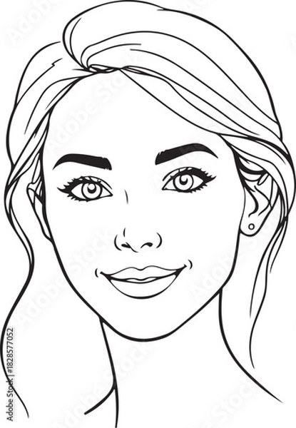 Obraz Smiling Young Attractive Woman Persona Portrait Hand-drawn Sketch Drawing Vector Illustration, Line Linear Symbol Engraving Coloring Book, Black and White Isolated