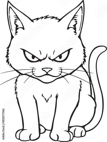 Obraz Grumpy Angry Cat Hand-drawn Sketch Drawing Vector Illustration, Line Linear Symbol Engraving Coloring Book, Black and White Isolated