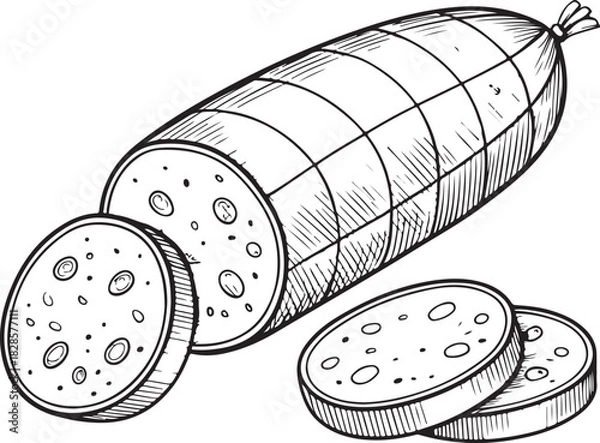 Obraz Mortadella Sausage Hand-drawn Sketch Drawing Vector Illustration, Line Linear Symbol Engraving Coloring Book, Black and White Isolated