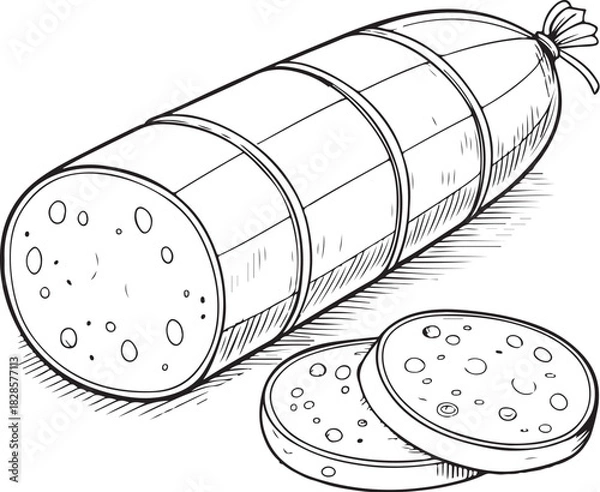Obraz Mortadella Sausages Sliced with Slices Hand-drawn Sketch Drawing Vector Illustration, Line Linear Symbol Engraving Coloring Book, Black and White Isolated