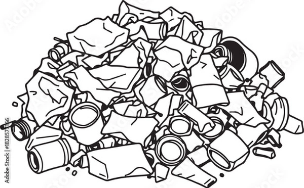 Obraz Pile of Trash Waste Dump Recycling Hand-drawn Sketch Drawing Vector Illustration, Line Linear Symbol Engraving Coloring Book, Black and White Isolated