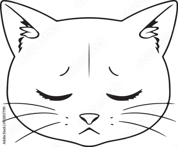 Obraz Sad Cat Face Head Hand-drawn Sketch Drawing Vector Illustration, Line Linear Symbol Engraving Coloring Book, Black and White Isolated