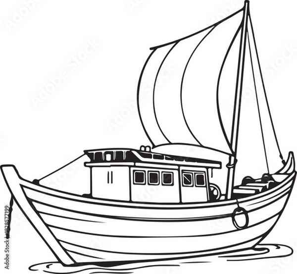 Obraz Fishing Boat Hand-drawn Sketch Drawing Vector Illustration, Line Linear Symbol Engraving Coloring Book, Black and White Isolated