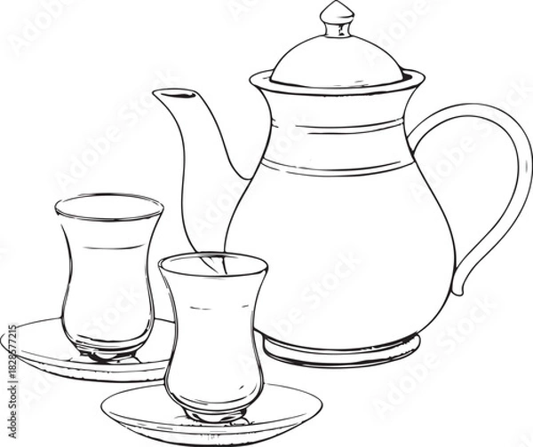 Obraz Turkish Tea with Teapot and Glass Cups Hand-drawn Sketch Drawing Vector Illustration, Line Linear Symbol Engraving Coloring Book, Black and White Isolated