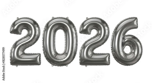 Fototapeta Happy new year 2026. png image. Silver mylar balloons forming the year 2026 isolated on transparent background.