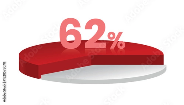 Obraz 62% red and white 3d pie chart. Vector illustration.