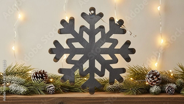 Fototapeta Rustic metal snowflake ornament centered on a wooden shelf with pine garland, pinecones, and blurred fairy lights, winter decor