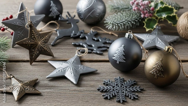 Fototapeta Festive assortment of gray and gold christmas ornaments including stars, baubles with tree motif, reindeer, snowflake and frosted pine branches on wood.